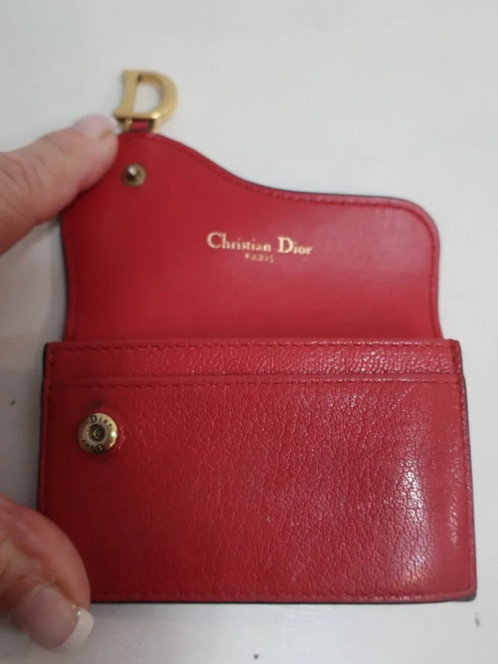 Authentic Christian Dior Paris Red Leather Saddle D Charm Credit Card Wallet